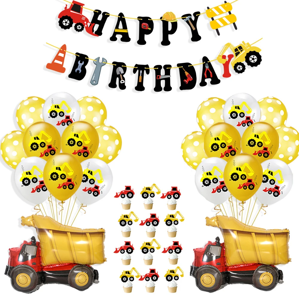 

Excavator engineering vehicle party disposable tableware set cake plug exhaust ball banner children's birthday party decoration