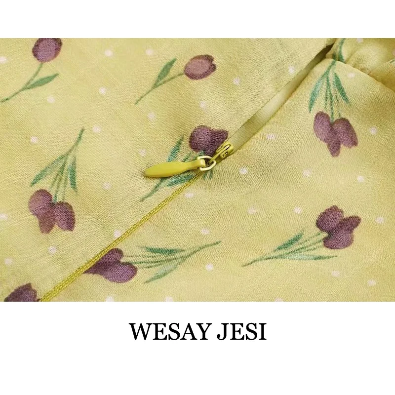 

WESAY JESI Spring 2021 Yellow Tulip Flower Print Short Dress V Neck Retro Women Bow Lacing Up Short Sleeve Mini Dresses