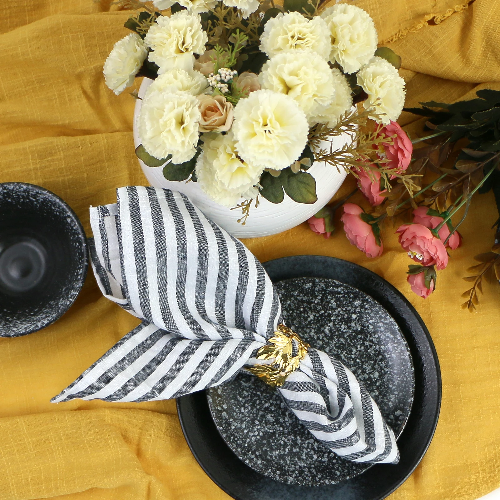 Servilletas de cena de 40x40cm, paquete de 4 telas suaves de lino puro prelavadas para mesa, decoraci&oacute;n de fiesta de c&oacute;ctel a rayas-3