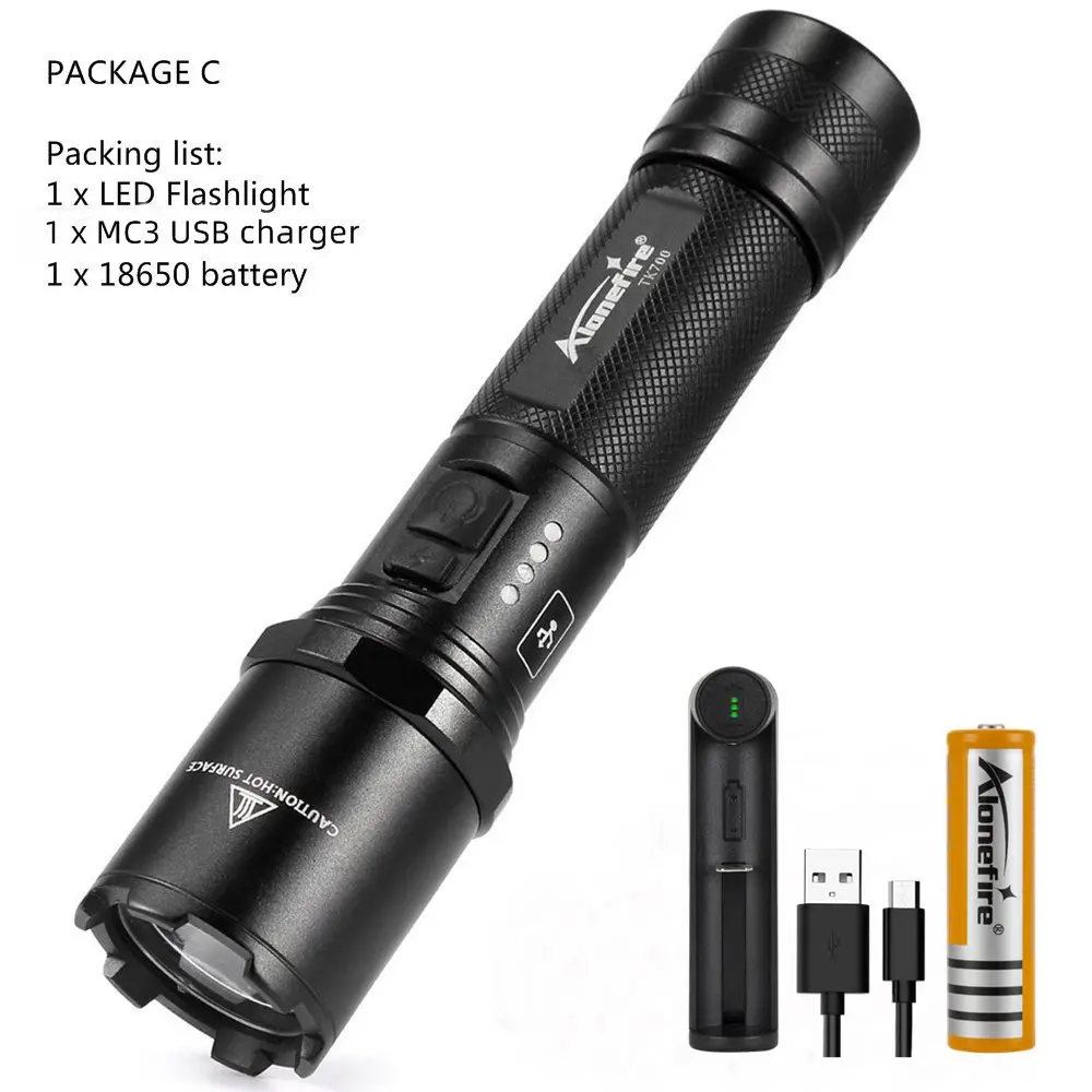 AloneFire TK700 CREE L2 светодиодный светильник с зарядкой от USB, тактический фонарь, мигающий фонарь для самообороны, полицейский рабочий светильник 18650 - Испускаемый цвет: PACKAGE C