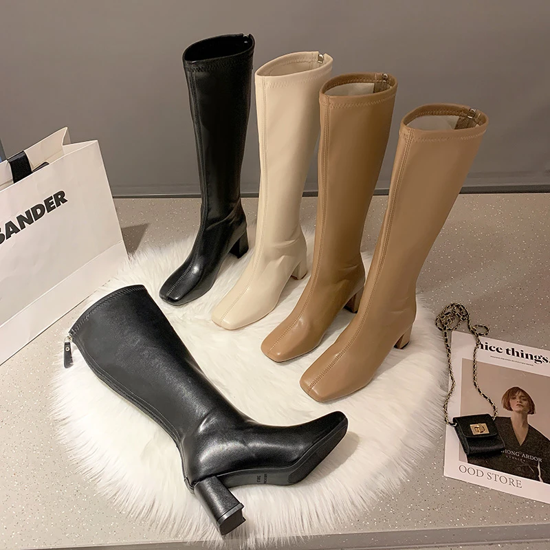 Новинка 2022 зимние стильные флисовые сапоги до середины икры на массивном каблуке