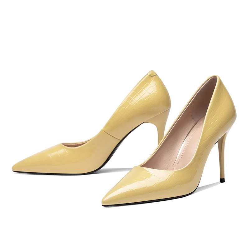 

QZYERAI 2021 New Style European Brand Women Shoes Leather High Heels Fashion Stone Texture Party Shoes Pumps Ladies Dress Shoes