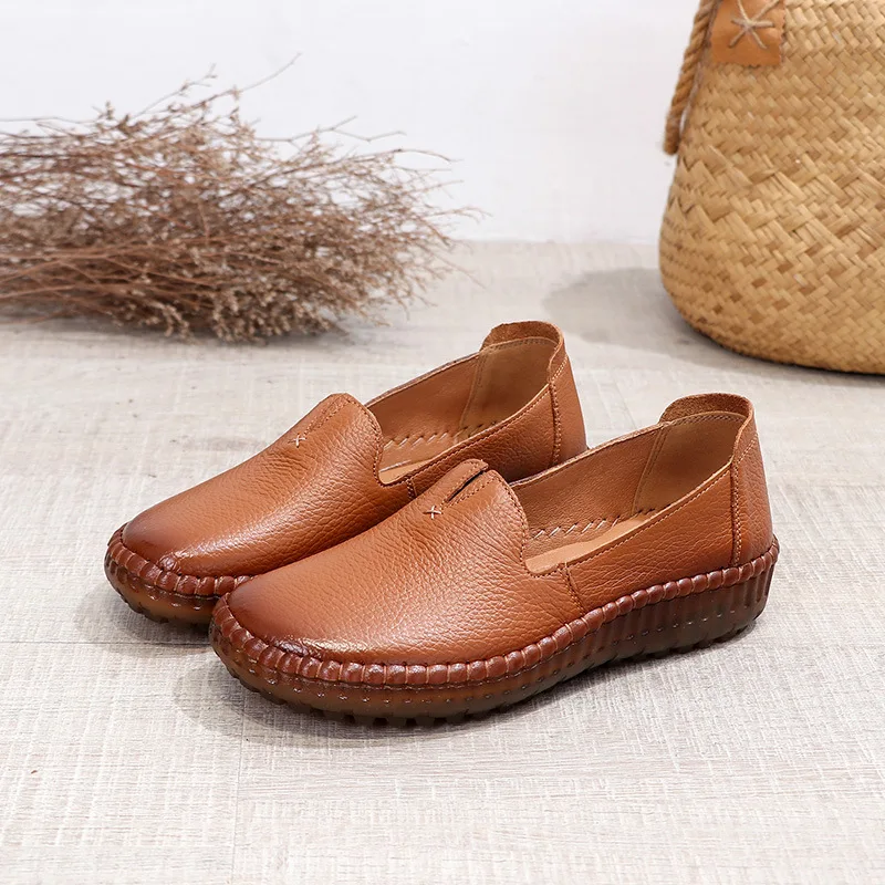 

Women Genuine Leather Sewing Flat Shoes 2021 Female Slip on Boat Shoes