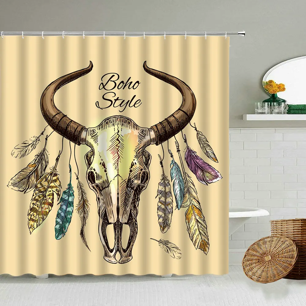 

Cow Animal Skull Shower Curtain Vintage Bohemian Indian Tribal Feather Bathroom Bathtub Blackout Waterproof Curtains With Hook