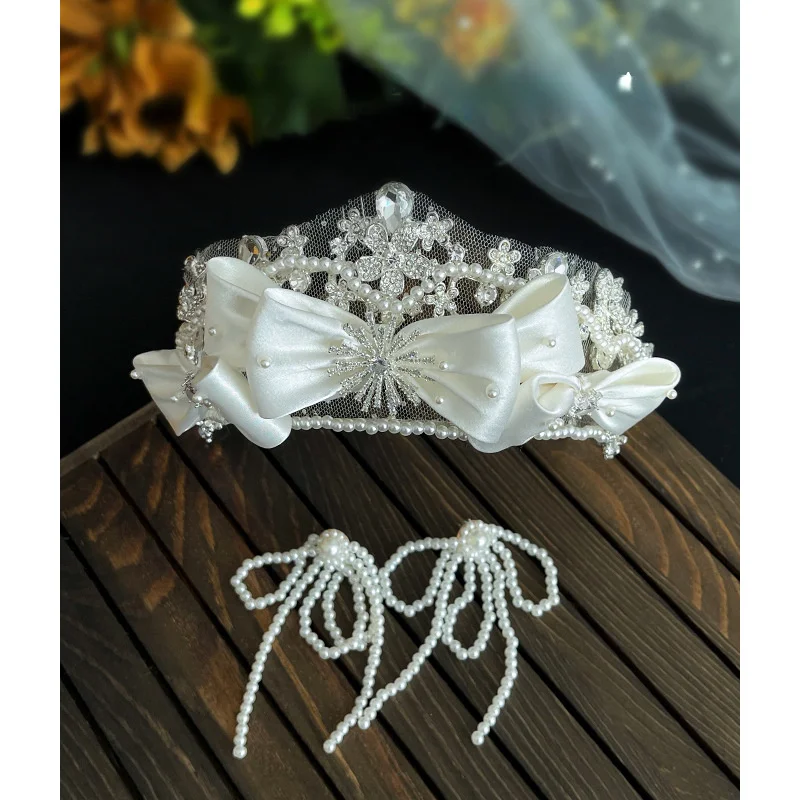

Rhinestone Bow Crown Satin Lace Tiara Women Hair Accessories Wedding Bride Wedding Yarn and Makeup Dress Princess Crown