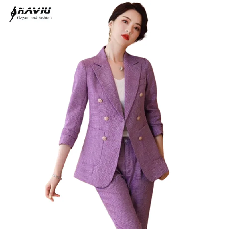 

Женский офисный костюм в клетку, фиолетовый деловой облегающий двубортный Блейзер и брюки, офисная одежда для работы, новинка 2021