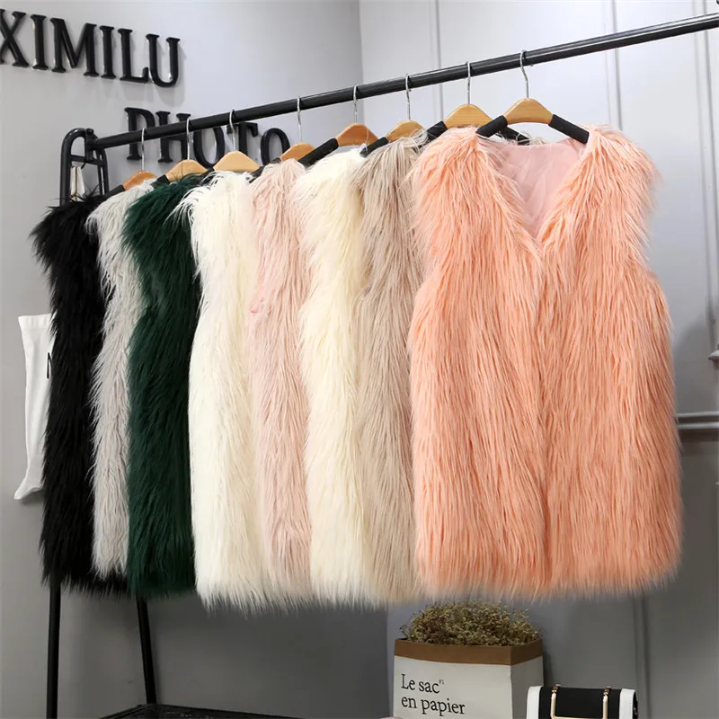 Новинка S/3Xl женские длинные жилеты из искусственного меха зима-осень пушистые меховые куртки без рукавов с v-образным вырезом Модные жилеты из искусственного меха J3047