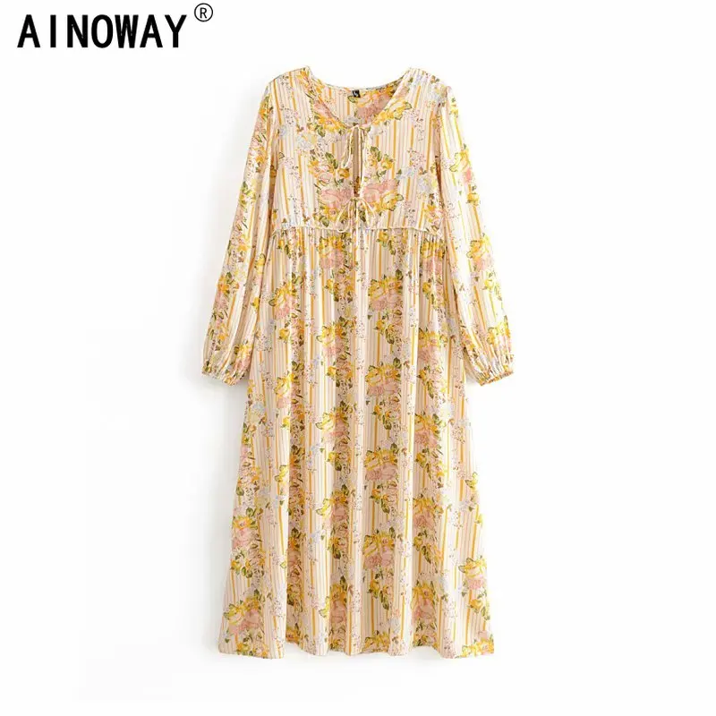 Женское винтажное платье-миди Пляжное Платье из вискозы с цветочным принтом и