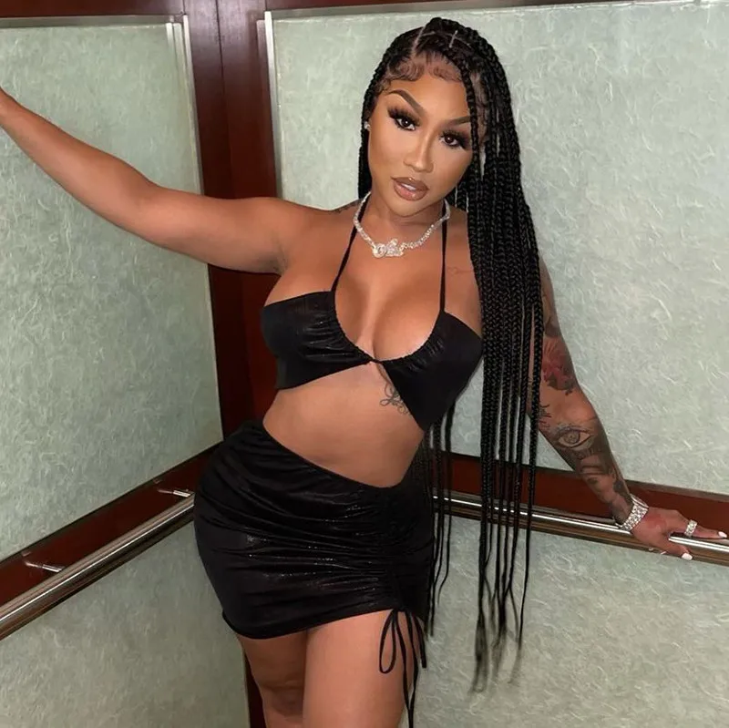 

Женский костюм из 2 предметов Thorn Tree, мини-юбка со шнуровкой сбоку, топ с открытыми плечами и лямкой на шее, сексуальная летняя одежда, Женская...