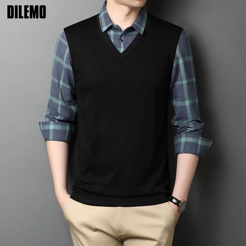 

Top Grade New Fashion Brand Slim Fit Fake Two Sweaters Plaid Mens Shirts Designer Casual Long Sleeve Casual Mens Clothes