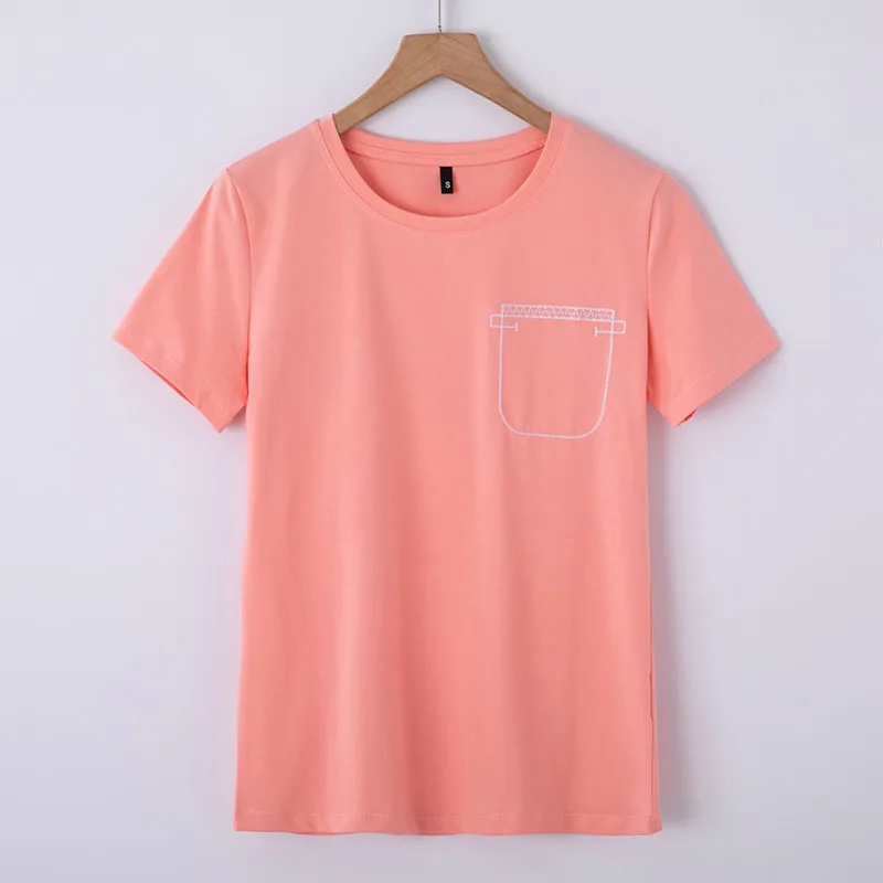 

Solid Color T-shirt Women's Short Sleeve Summer 2020 Simple New Embroidered Pocket round Neck Slim Shirt Women's Wholesale 6725