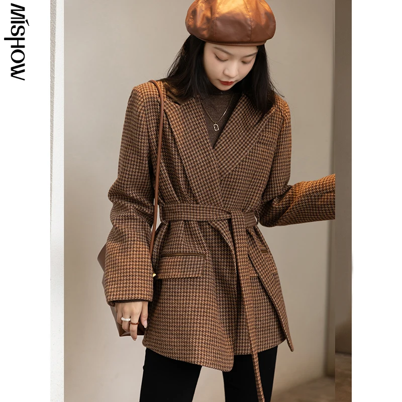 

MISHOW 2021 Winter Blend Coats For Women Elegant Plaid Blazer Woolen Jacket Korean Vintage Coat Female Overcoat MXA43W0198