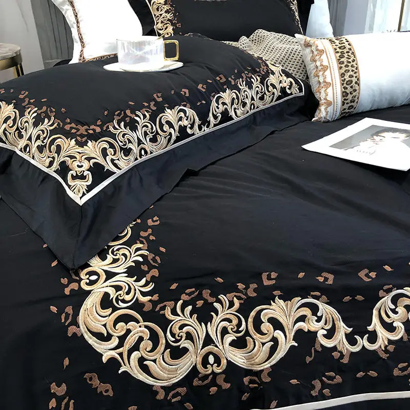 Роскошное постельное белье с вышивкой черный комплект постельного белья