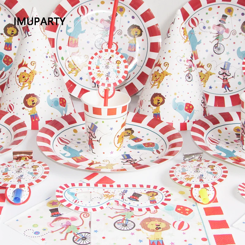Circus Theme Party Decorations Red Striped Animals Disposable Tableware Set Kids Birthday Party Supplies Baby Shower Garland