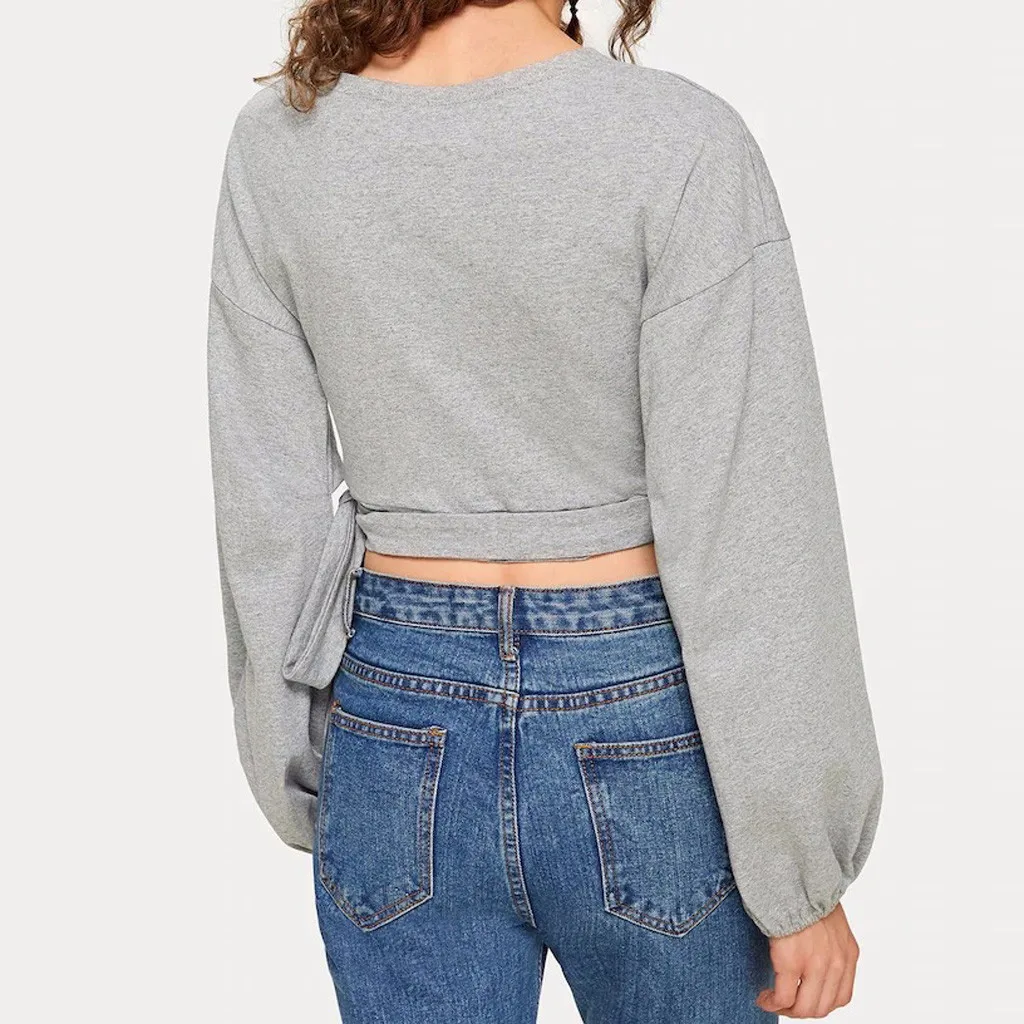 

Fashion Womens Long Sleeve T-shirt 2019 Autumn New Sexy V-Neck Lantern Sleeve Bandage Casual Loose Tops Women Top S-XL &40