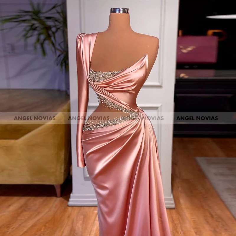 ANGEL NOVIAS Long Sleeves Pink Mermaid Arabic Evening Dress 2021 with Crystals Beads Abaya Dubai Vestido De Fiesta De Boda