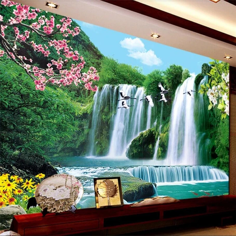 

beibehang Custom wallpaper 3d mural landscape waterfall cherry blossom sunrise 3d обои TV background wall living room decoration