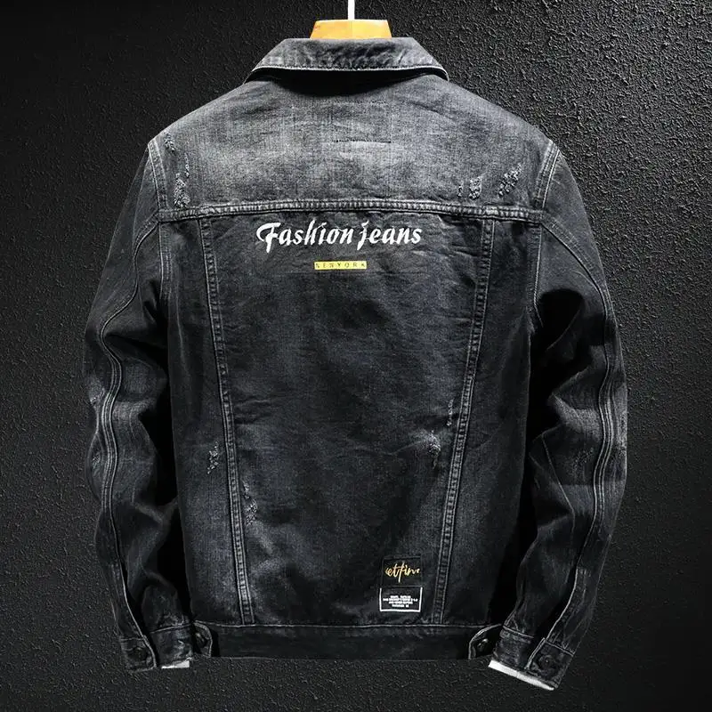 

Black grey Embroidered Denim coat men's loose Fashion Top Street flying Baseball Jacket spring and autumn season