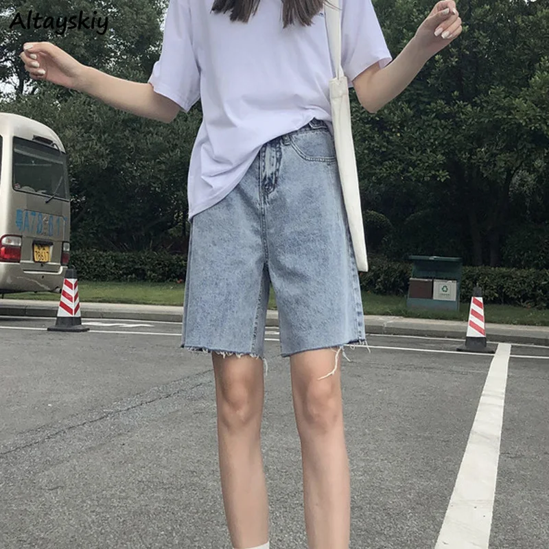 

Shorts Women Half Straight Blue Denim Trousers Fur-lined Zipper Fly Summer Design Korean Style All-match Unisex Fashion Bottoms