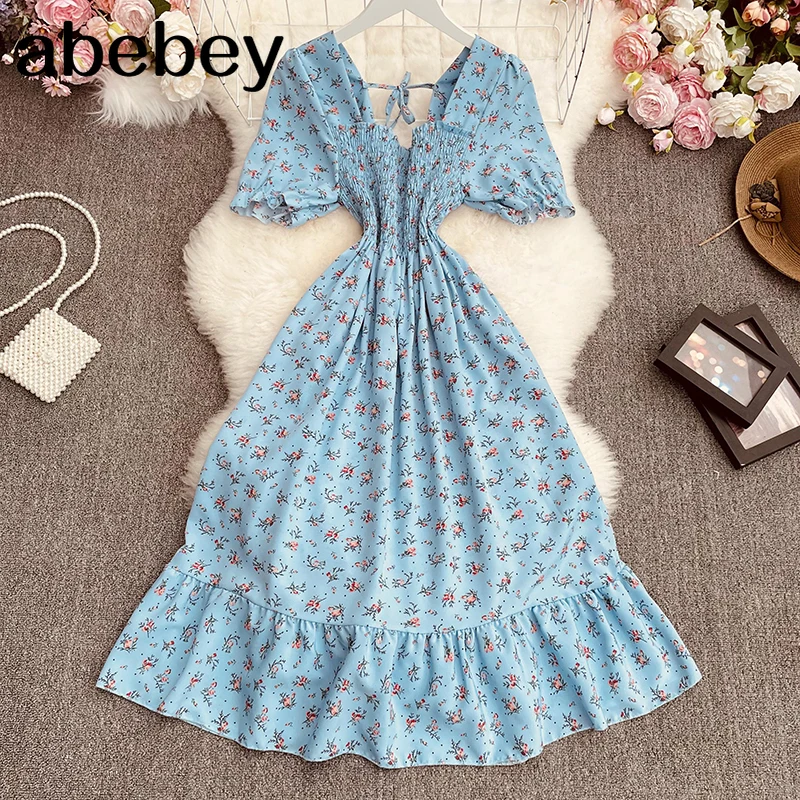 

2021 New Summer Women Sweet All-match square neck print short sleeve Dress ruched slim mid length Dress