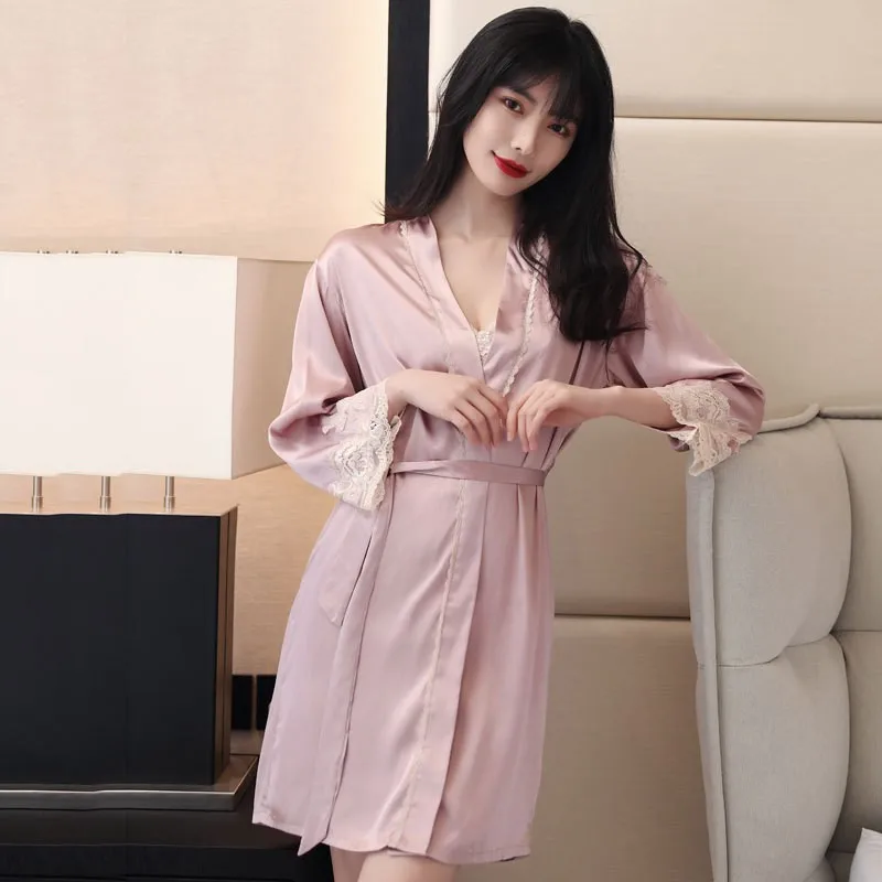 

Sexy Bathrobe Women Satin Sleepwear Robe Set Kimono Gown With Lace Faux Silk Two Piece Set Loungewear Intimate Lingerie