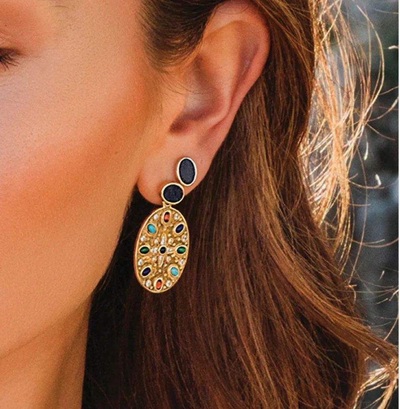 

Monaco July New Roman style asymmetric colored stone silver ear nail retro design original fashion blue gem jewelry gift