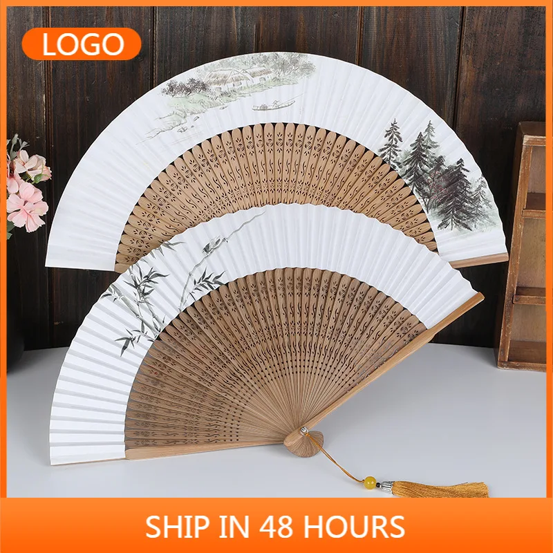 

New Chinese elegant solid wood printed rice paper fan is simple, elegant and unpretentious paper hand fan folding hand fans