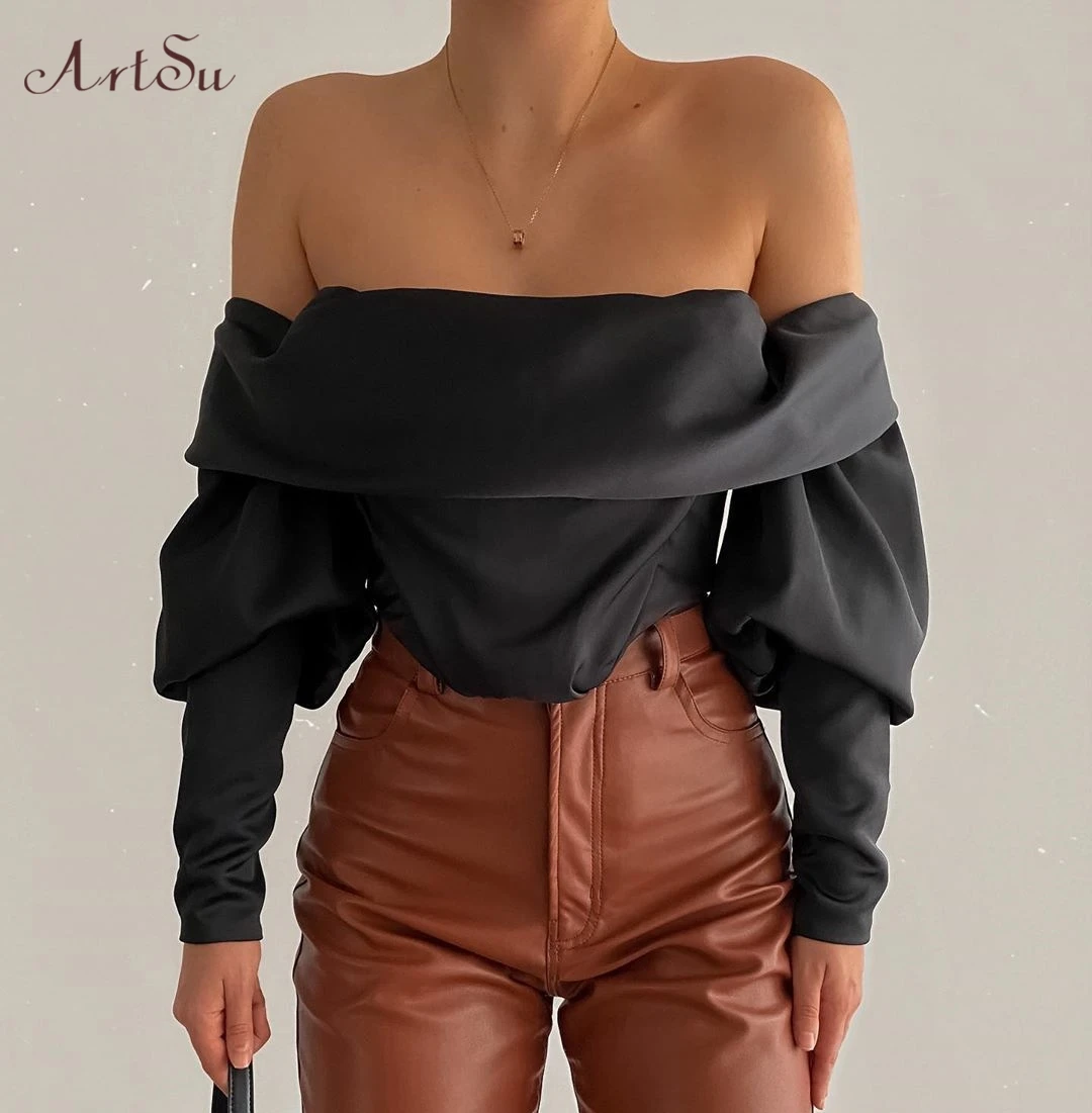 

Artsu Off Shoulder Short Blazers Blouse Single Breasted Long Sleeve Crop Top Shirt Fashion Spring 2020 Satin Blouse ASBL60744