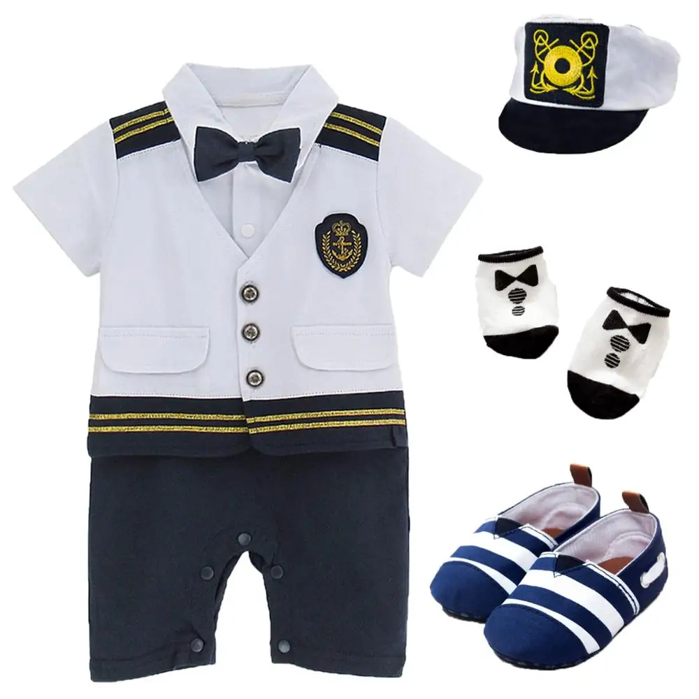 Baby Boys Captain Romper Costume Infant Outfits Set Toddler Halloween Sailor Clothes Newborn Clothing with Hats Shoes |