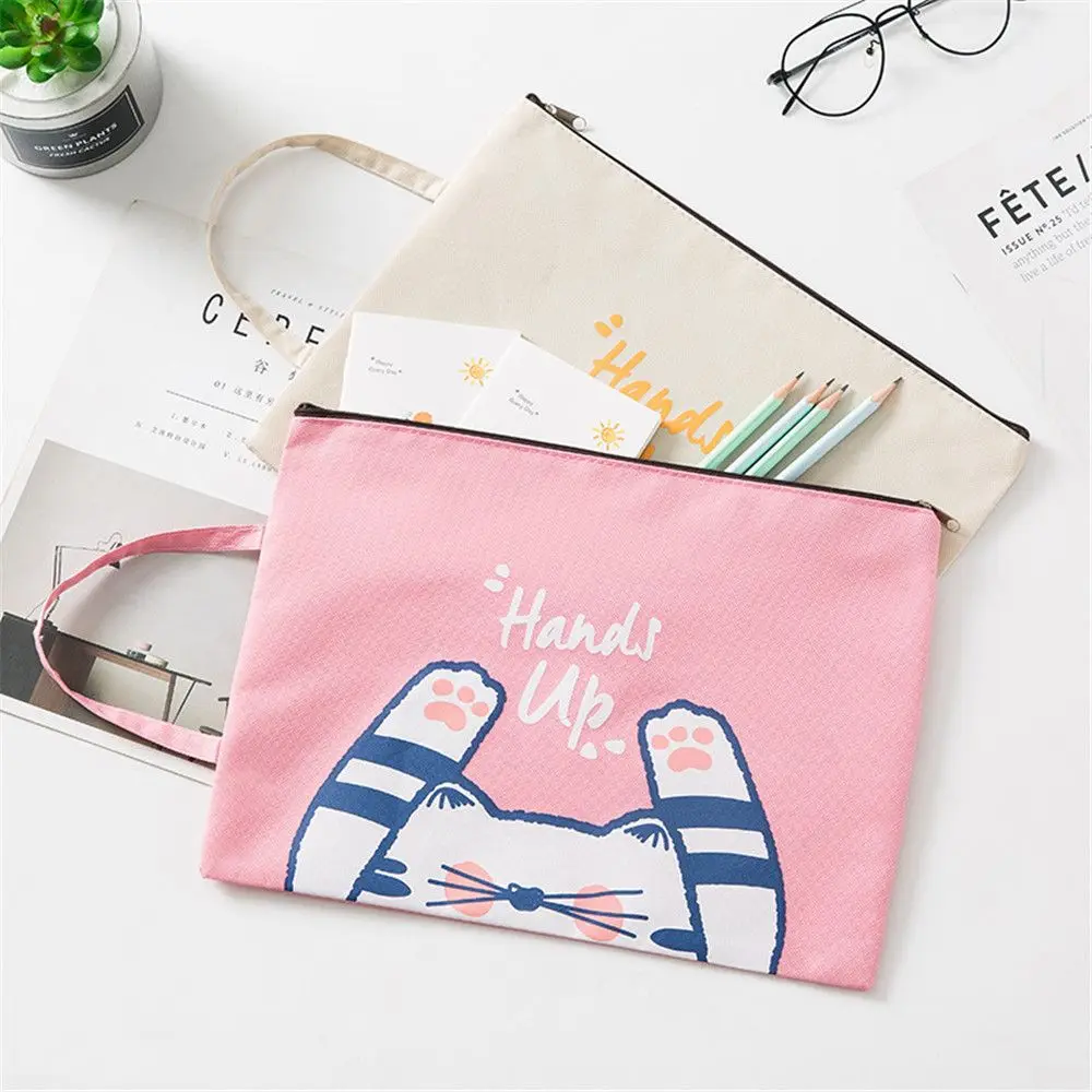 

Cute Cat Paw File Bag Cartoon Canvas Zipper Document Bag Large Capacity Handbag Storage Wallets School Office Kawaii Stationery