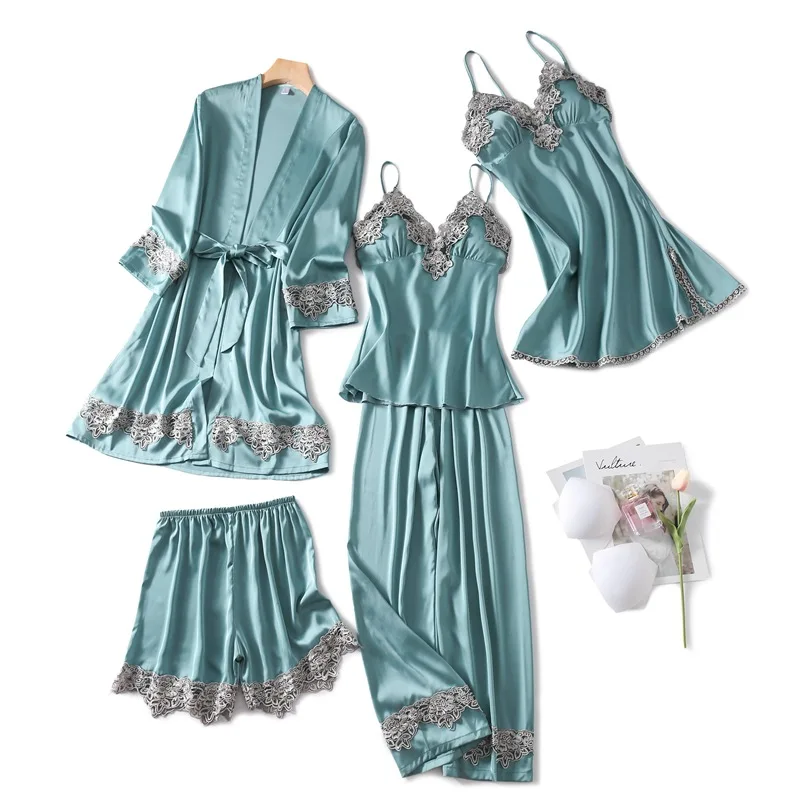 

Nightdress Satin Lady Casual 5PCS Sleepwear Kimono Bathrobe Gown Nightwear Sexy Intimate Lingerie Pajamas Suit Lace Home Clothes