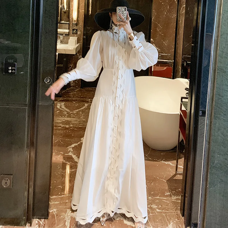 Женское длинное платье с рукавами фонариками белое ажурное пляжное макси для