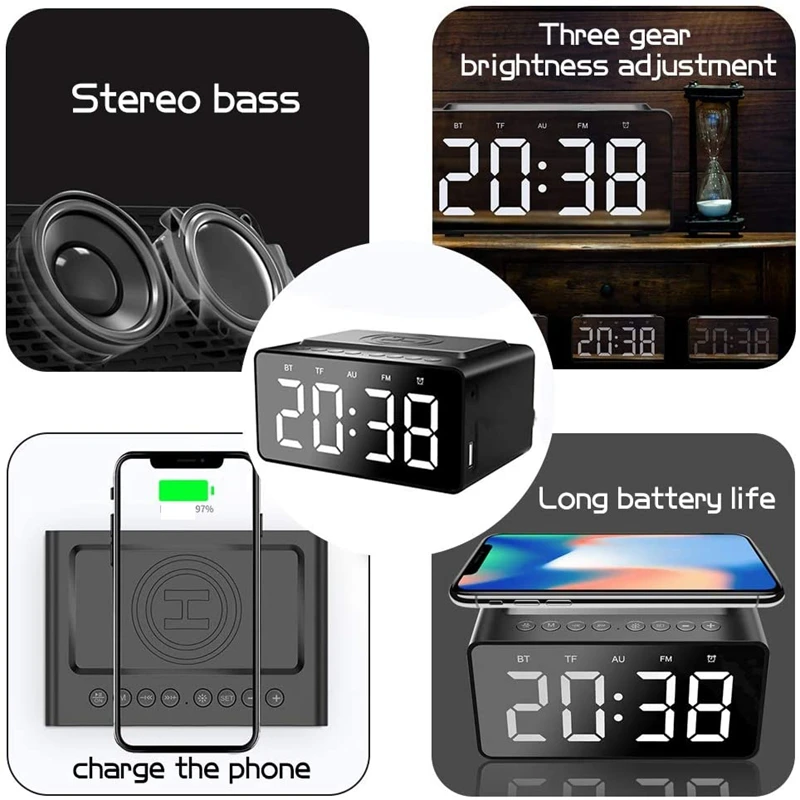 

Digital Clock Radio Bluetooth Speaker FM Clock Radio 5.0 Inch Digit Display with Dimmer Adjustable Alarm Volume