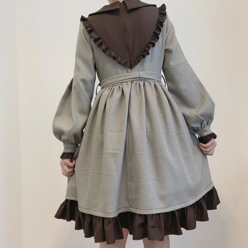

Lolita Gothic Dress Women Autumn Winter Japanese Soft Sister Cute Long Puff Sleeve Plaid Dress Spring Girls Kawaii Bandage Dress