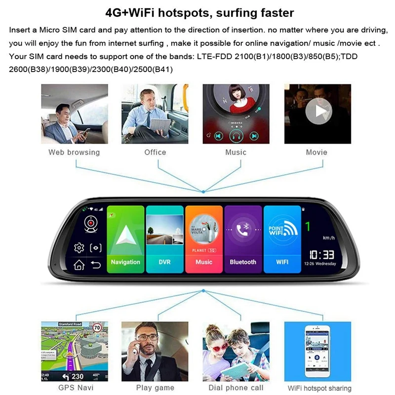 10 дюймов Android 8,1 4G зеркало заднего вида автомобиля Dvr камера Gps навигатор Bluetooth музыка Wifi Hd 1080P потоковое видео регистратор+ C10 3