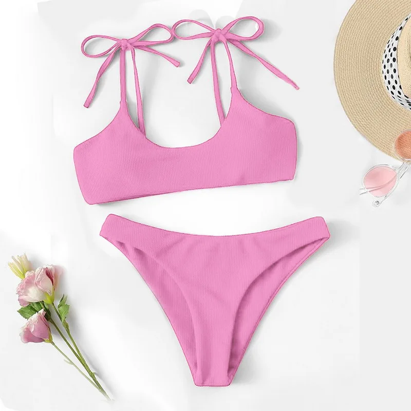 

6 Colors Thong Bikinis Adjustable Swimwear Women Separate Swimsuit Push Up Solid Bikini Set Sexy Bathing Suit Classic Beachwear