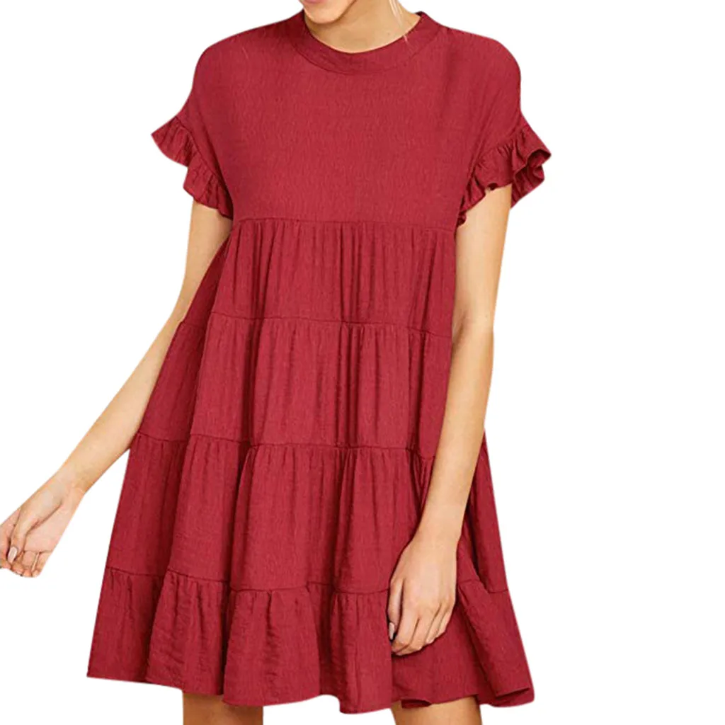 

Women Dress Solid Dresses Mini Sundress Womens Ruffle Sleeve Casual Plain Short Sleeve Dress Casual Swing Party Dress #40