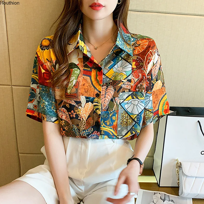 

Houthion Chiffon Loose Women's Blouses Fashion Short Sleeve Top New Casual Blouse Printing Buttons Polo Shirt Summer