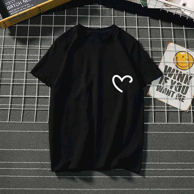 Женские футболки с принтом lover Harajuku, Летние черные повседневные футболки с круглым вырезом и сердцебиением, женские футболки, женская одежда