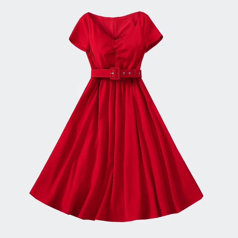 2021 Summer Fashion Red Dress High Quality Women Sexy V-Neck Belt Deco Short Sleeve Large Swing Party Tunic Dress Vestidos Mujer