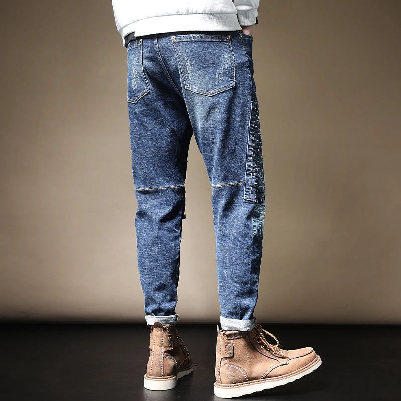 

Baggy Patch Blue Patchwork Jeans Men Casual Streetwear Loose Pencil Pants