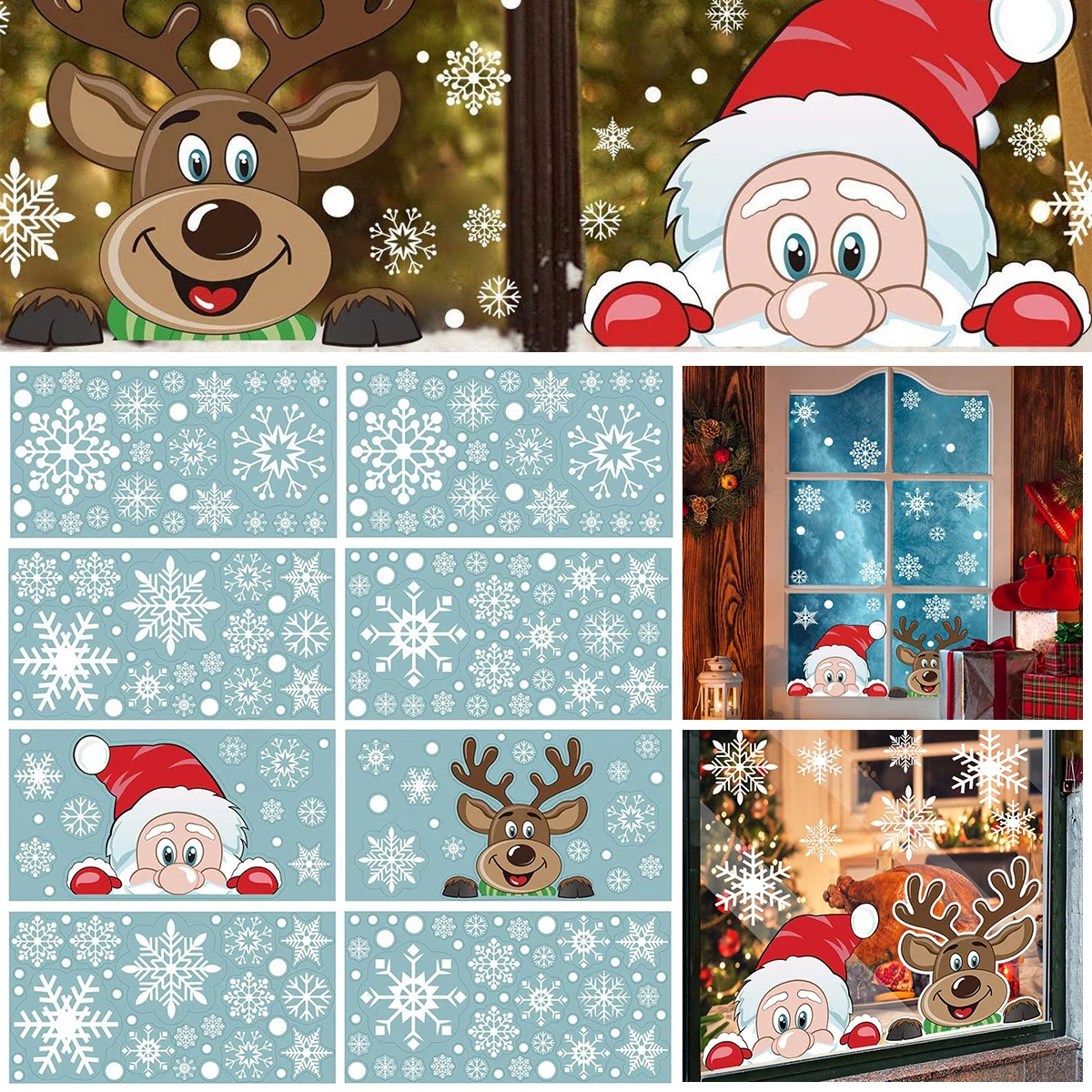 

8 Sheets Christmas Snowflake Window Stickers Winter Wonderland Santa Claus Electrostatic Clings DIY Decor for Home Christmas