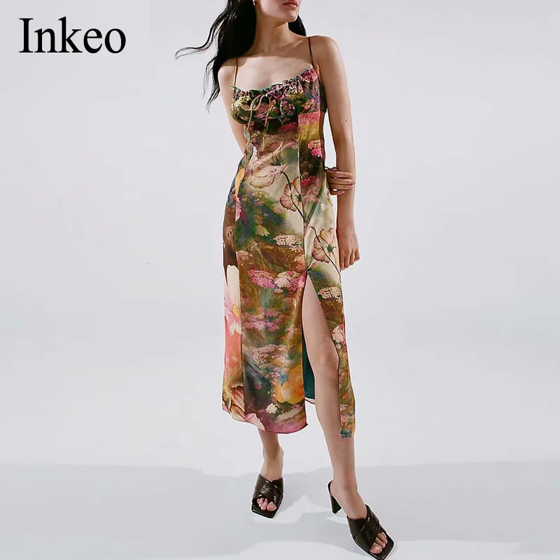 

Floral print sexy high split Maxi dress Women 2021 New Sleeveless backless strap dress Party club elegant vestidos INKEO 1D055