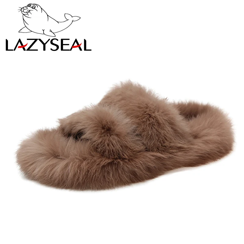 Khaki LazySeal/женские тапочки с натуральным мехом новые тапочки их меха под кролика домашние Шлепанцы женские пушистые домашние вьетнамки - Цвет: Khaki