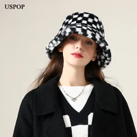 uspop 2021 new winter hats women plush plaid bucket hats thick warm panama hats
