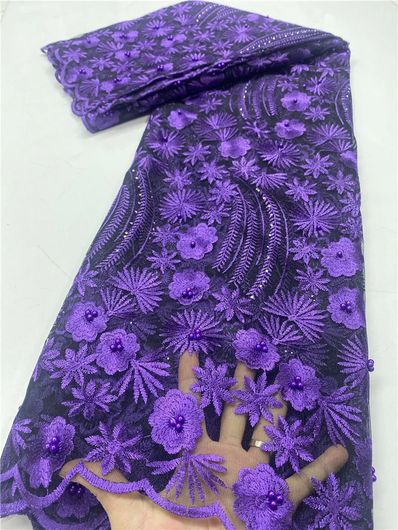 

Blue African Lace Fabric 2021 High Quality French Nigerian Beaded Embroidered Tulle Lace Fabrics For Women Wedding YA3820B-3