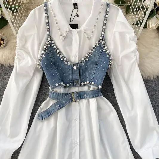 

Spring 2021 New Temperament Blouse Female Lapel Beaded Stacking Bead Blusa Sling Waistcoat C Fashion Two-piece Shirt