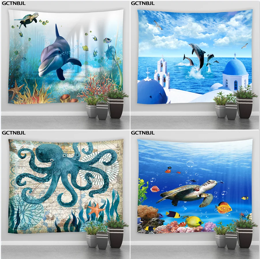 

Undersea World Tapestry Wall Hanging Octopus Turtle Shark Dolphin Tapestries Living Room Bedroom Dorm Background Curtains Decor