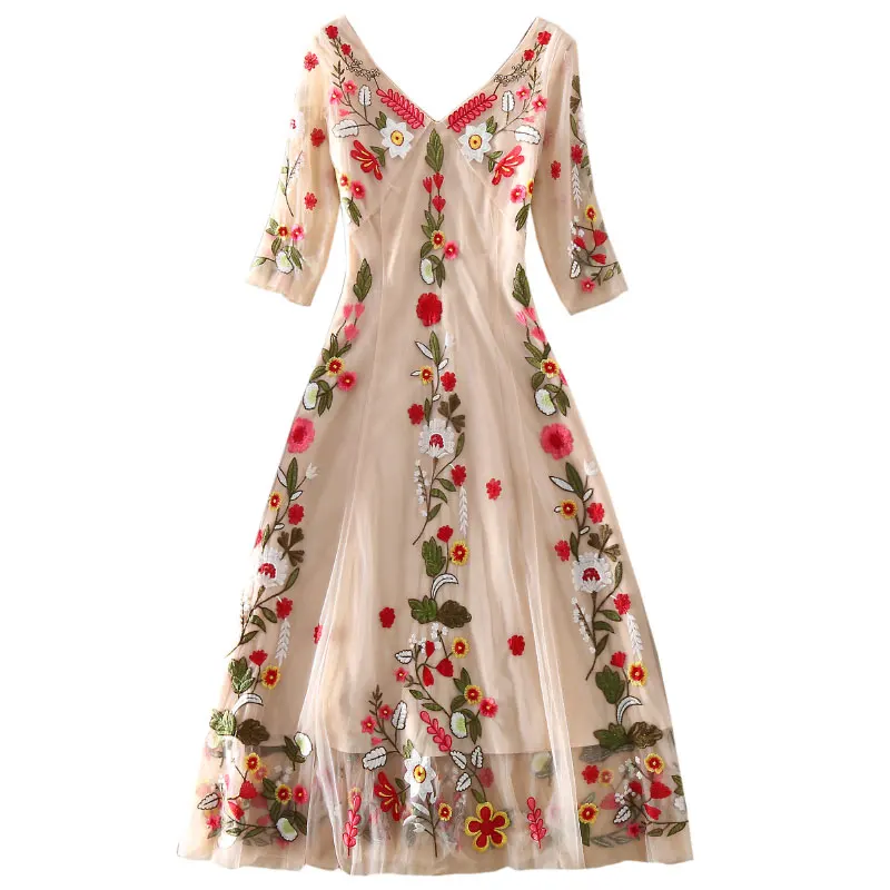 

AELESEEN Runway Fashion High Quality Flower Embroidery Dress Women's V-neck Half Sleeve Mesh Elegant Party Holiday Dress Vestido