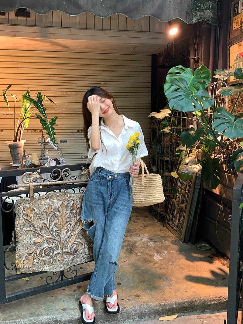 Black Design Sense Jeans Pierced Women's High Waist Thin Irregular Closure Double Button Tear Tassel Wide Leg | Женская одежда